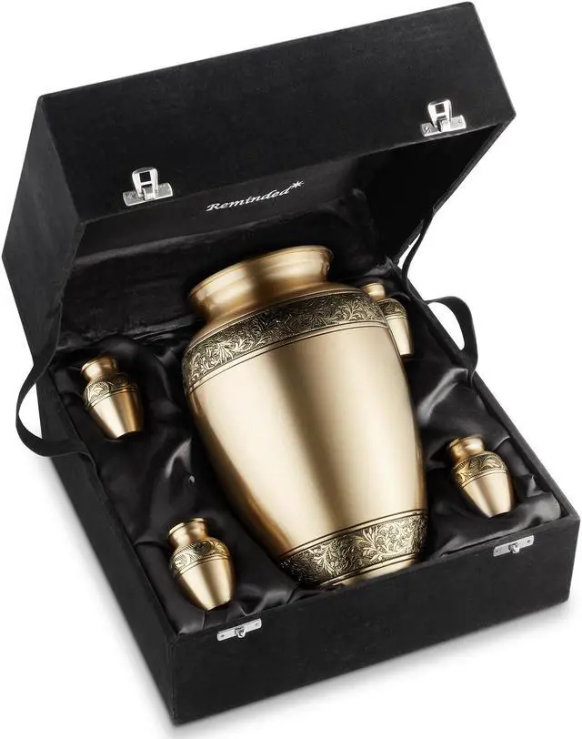 Alt view image 2 of 6 - Reminded Set of 5 Floral Cremation Urns for Human Ashes - 1 Adult + 4 Keepsake Token Size, Gold