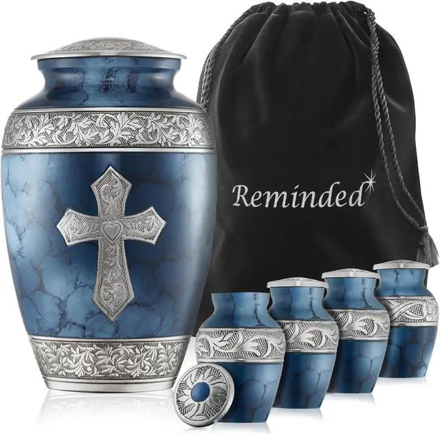 Main image of Reminded Set of 5 Engraved  Cross Cremation Urns for Human Ashes - 1 Adult + 4 Keepsake Token Size, Blue