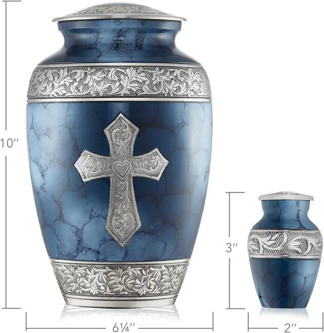 Alt view image 5 of 6 - Reminded Set of 5 Engraved  Cross Cremation Urns for Human Ashes - 1 Adult + 4 Keepsake Token Size, Blue