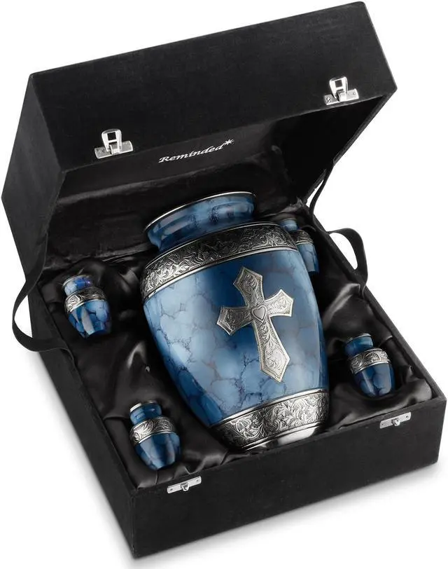 Alt view image 2 of 6 - Reminded Set of 5 Engraved  Cross Cremation Urns for Human Ashes - 1 Adult + 4 Keepsake Token Size, Blue