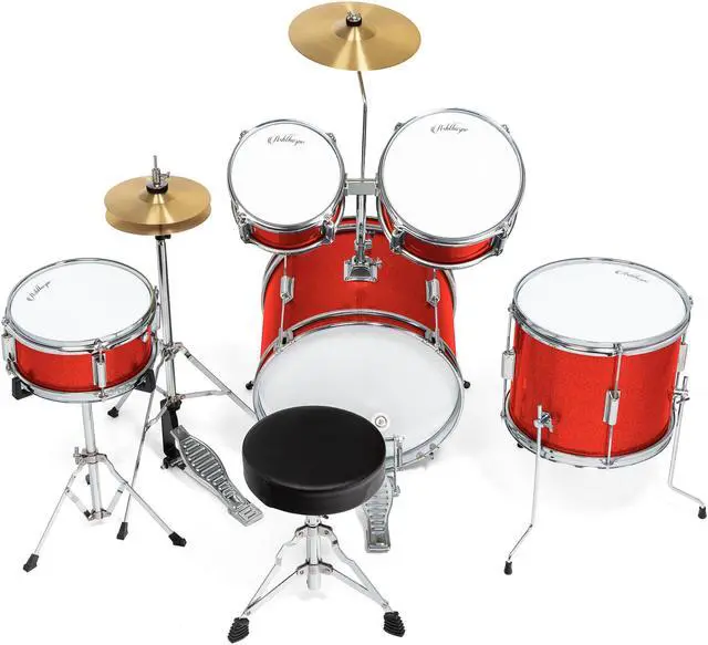 Alt view image 3 of 6 - Ashthorpe 5-Piece Complete Junior Drum Set with Genuine Brass Cymbals - Advanced Beginner Kit with 16" Bass, Adjustable Throne, Cymbals, Hi-Hats, Pedals & Drumsticks - Red