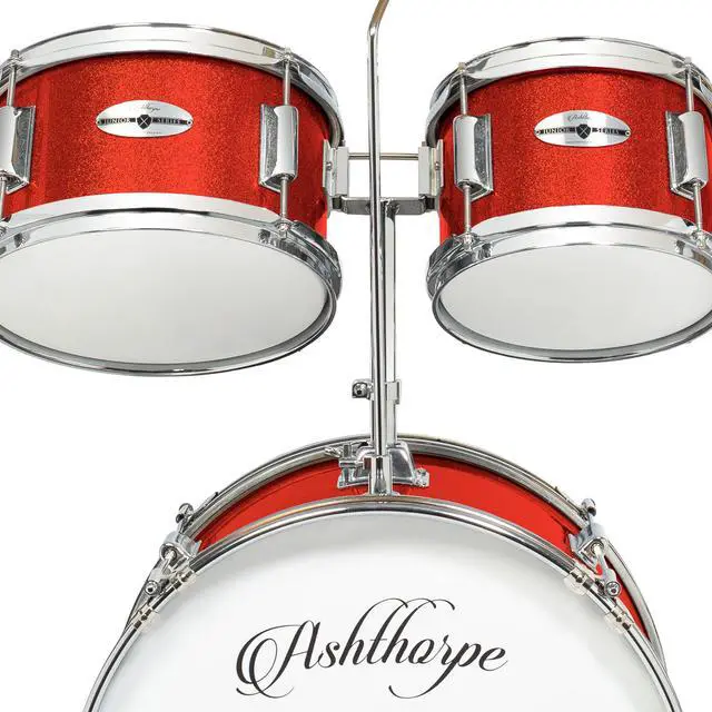 Alt view image 4 of 6 - Ashthorpe 5-Piece Complete Junior Drum Set with Genuine Brass Cymbals - Advanced Beginner Kit with 16" Bass, Adjustable Throne, Cymbals, Hi-Hats, Pedals & Drumsticks - Red