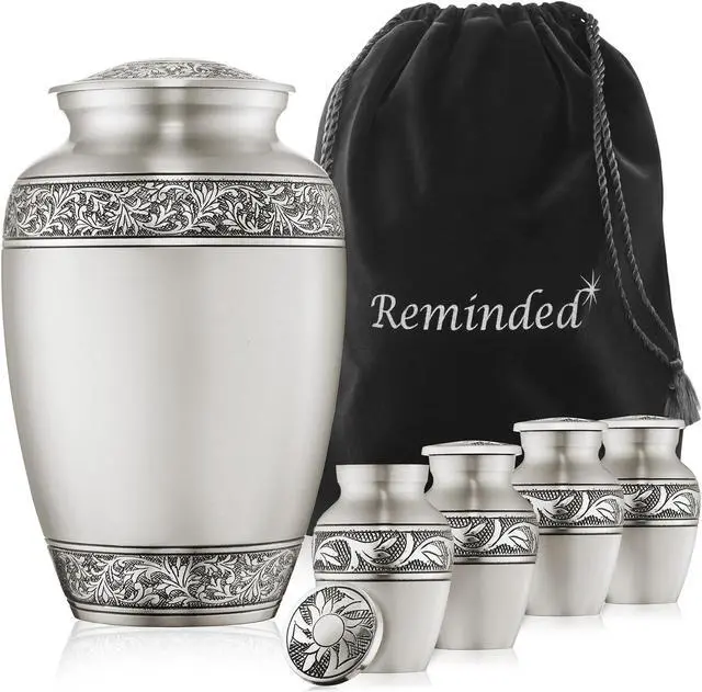Main image of Reminded Set of 5 Floral Cremation Urns for Human Ashes - 1 Adult + 4 Keepsake Token Size, Silver