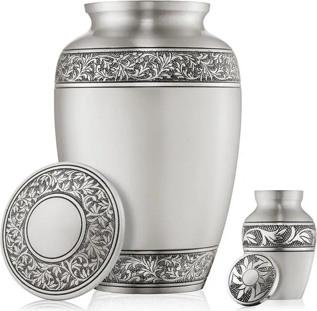 Alt view image 4 of 6 - Reminded Set of 5 Floral Cremation Urns for Human Ashes - 1 Adult + 4 Keepsake Token Size, Silver