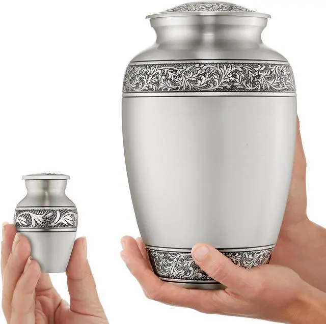 Alt view image 3 of 6 - Reminded Set of 5 Floral Cremation Urns for Human Ashes - 1 Adult + 4 Keepsake Token Size, Silver