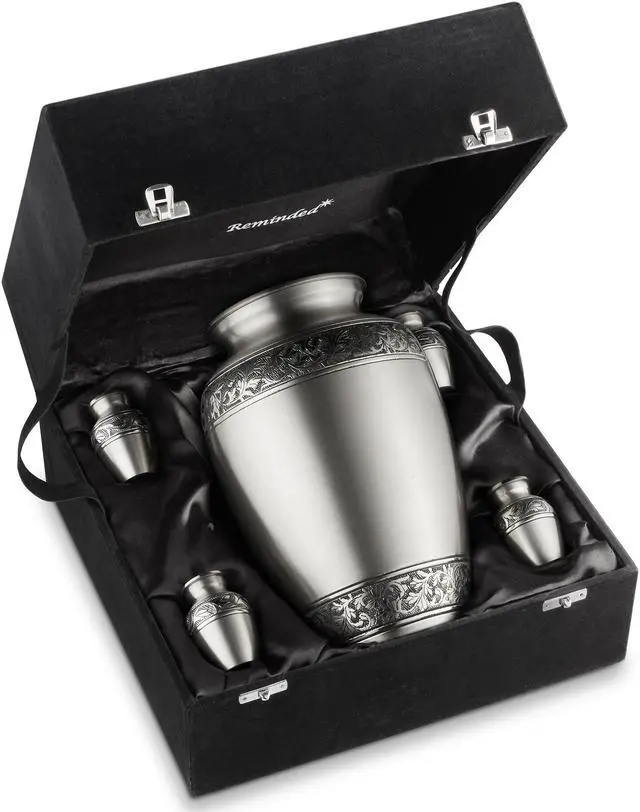 Alt view image 2 of 6 - Reminded Set of 5 Floral Cremation Urns for Human Ashes - 1 Adult + 4 Keepsake Token Size, Silver
