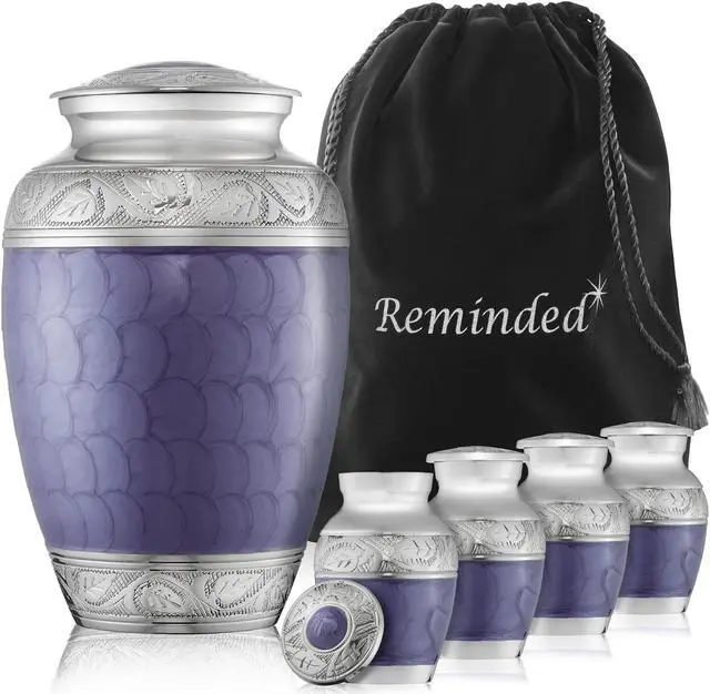 Main image of Reminded Set of 5 Etched Cremation Urns for Human Ashes - 1 Adult + 4 Keepsake Token Size, Lavender