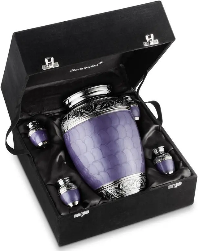 Alt view image 2 of 6 - Reminded Set of 5 Etched Cremation Urns for Human Ashes - 1 Adult + 4 Keepsake Token Size, Lavender