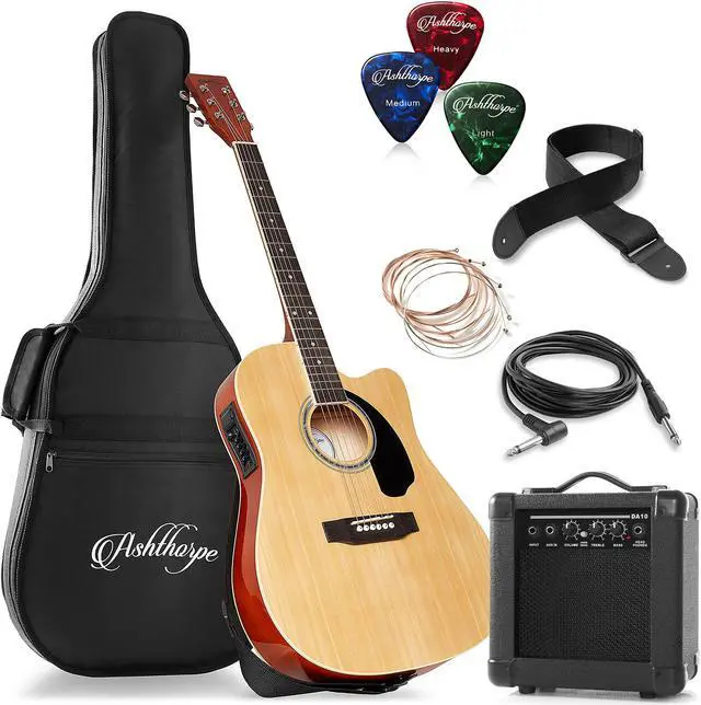 Main image of Ashthorpe Full-Size Thinline Cutaway Acoustic Electric Guitar Package with 10 Watt Amp - Natural