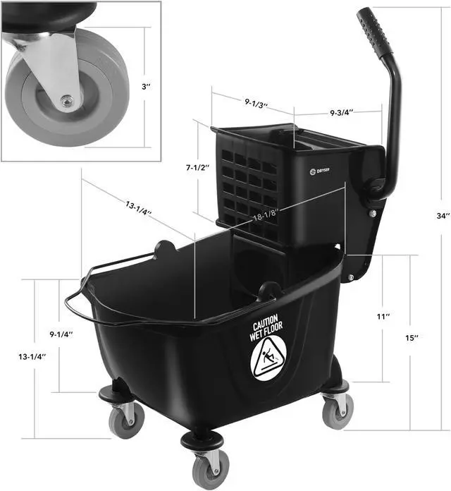 Alt view image 5 of 6 - Dryser Commercial Mop Bucket with Side Press Wringer, 26 Quart, Black
