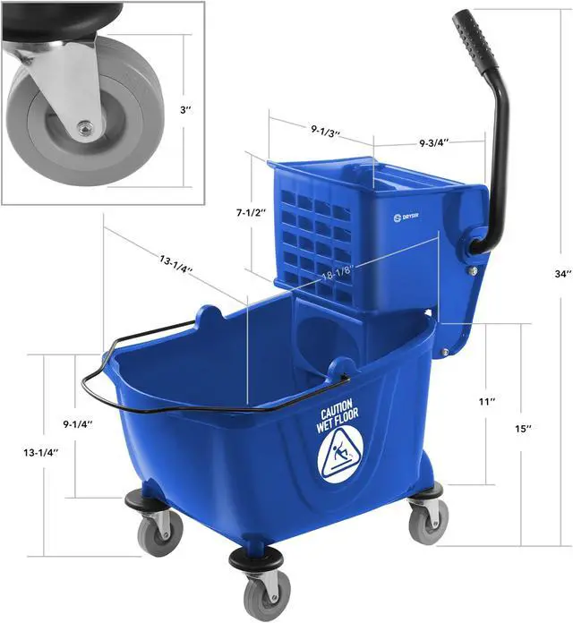 Alt view image 5 of 6 - Dryser Commercial Mop Bucket with Side Press Wringer, 26 Quart, Blue