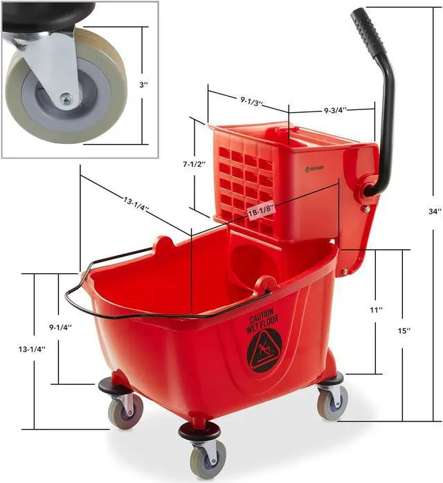 Alt view image 5 of 6 - Dryser Commercial Mop Bucket with Side Press Wringer, 26 Quart, Red
