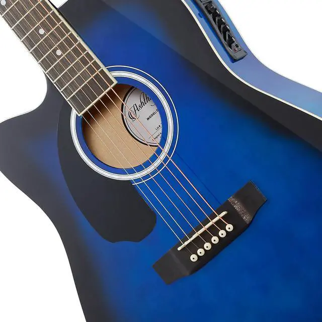 Alt view image 3 of 6 - Ashthorpe Left Handed Full-Size Dreadnought Cutaway Acoustic Electric Guitar Package with 10 Watt Amp - Blue