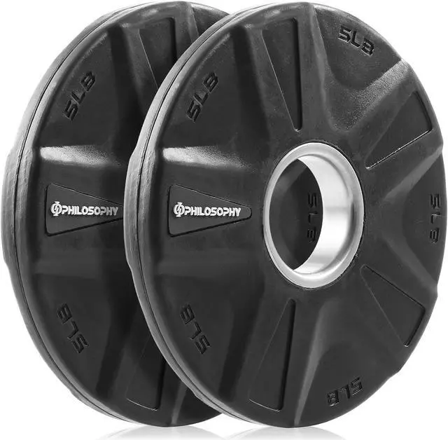 Alt view image 2 of 6 - Philosophy Gym Set of 2 Rubber Coated 2-inch Olympic Grip Weight Plates (5 LB each) for Weightlifting