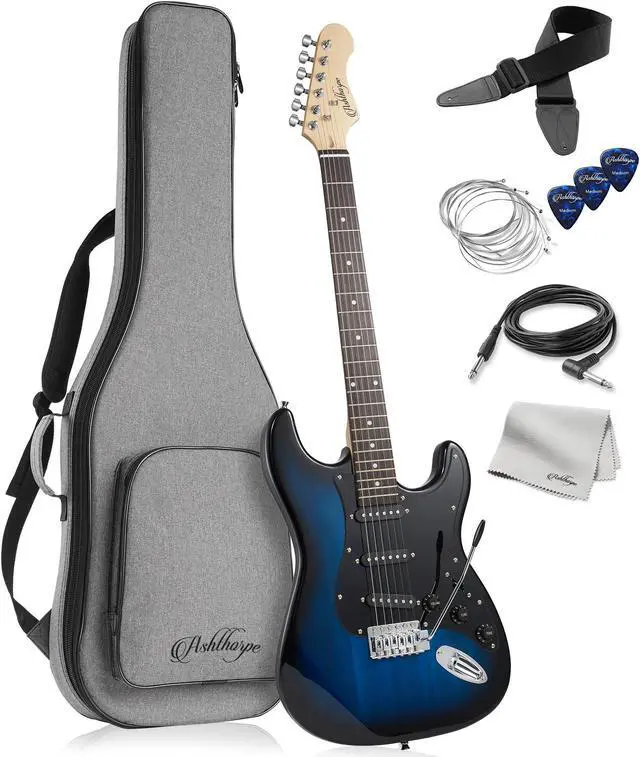 Main image of Ashthorpe 39-Inch Electric Guitar (Blue-Black), Full-Size Guitar Kit with Padded Gig Bag, Tremolo Bar, Strap, Strings, Cable, Cloth, Picks