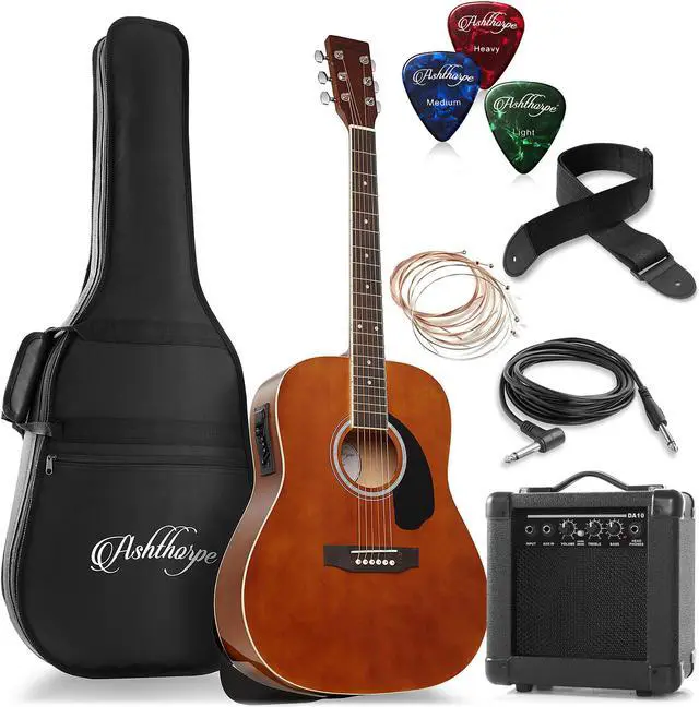 Main image of Ashthorpe Full-Size Dreadnought Acoustic Electric Guitar Package with 10 Watt Amp - Brown