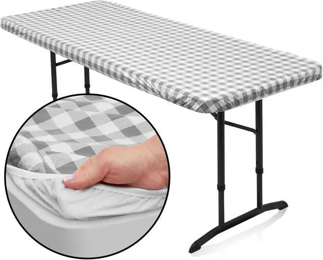 Main image of Lann's Linens 72'' x 30'' Vinyl Tablecloth with Flannel Backing, Gray Checkered - Fitted Waterproof Table Cover for Indoor / Outdoor Use