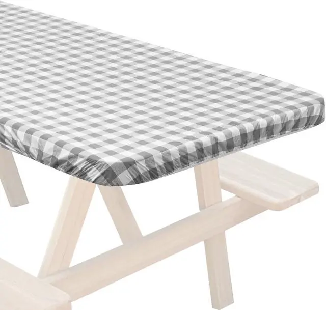 Alt view image 3 of 6 - Lann's Linens 72'' x 30'' Vinyl Tablecloth with Flannel Backing, Gray Checkered - Fitted Waterproof Table Cover for Indoor / Outdoor Use