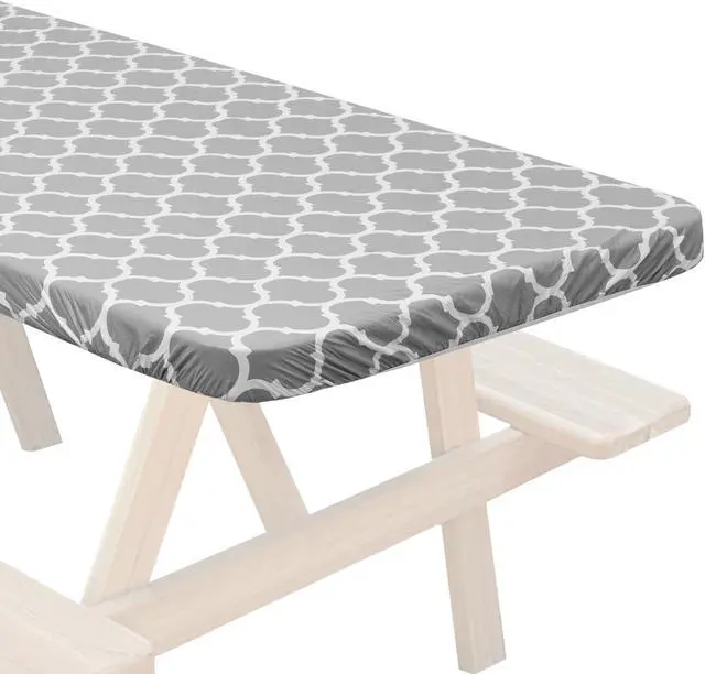 Alt view image 3 of 6 - Lann's Linens 72'' x 30'' Vinyl Tablecloth with Flannel Backing, Gray Moroccan - Fitted Waterproof Table Cover for Indoor / Outdoor Use