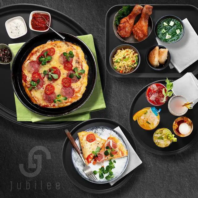 Alt view image 6 of 6 - Jubilee (Set of 4) 14" x 18" Rectangular Restaurant Serving Trays, Black - NSF Certified Non-Slip Food Service Tray