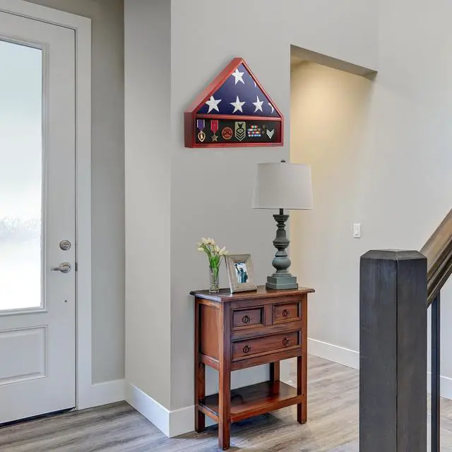 Alt view image 6 of 6 - Reminded Military Medal & Burial Flag Shadow Box Display Case with Glass Insert, Mahogany