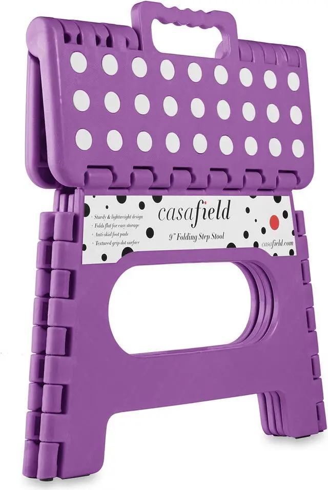 Alt view image 2 of 6 - Casafield 9" Folding Step Stool with Handle (Set of 2), Purple - Portable Collapsible Small Plastic Foot Stool for Kids and Adults - Use in the Kitchen, Bathroom and Bedroom