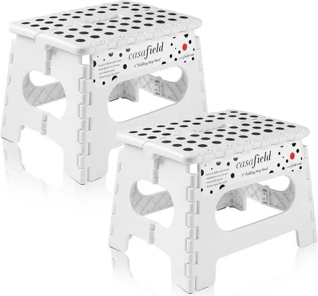 Main image of Casafield 9" Folding Step Stool with Handle (Set of 2), White - Portable Collapsible Small Plastic Foot Stool for Kids and Adults - Use in the Kitchen, Bathroom and Bedroom