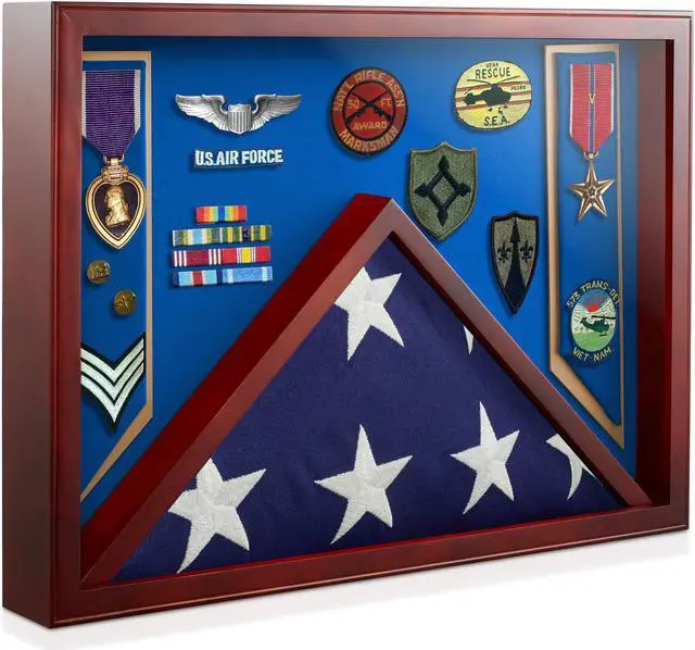 Main image of Reminded Military Shadow Box Display Case for Medals & Burial Flag -Solid Wood Cabinet with  Air Force Blue Velvet Insert