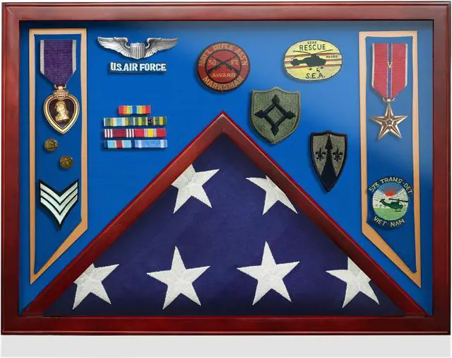 Alt view image 3 of 6 - Reminded Military Shadow Box Display Case for Medals & Burial Flag -Solid Wood Cabinet with  Air Force Blue Velvet Insert
