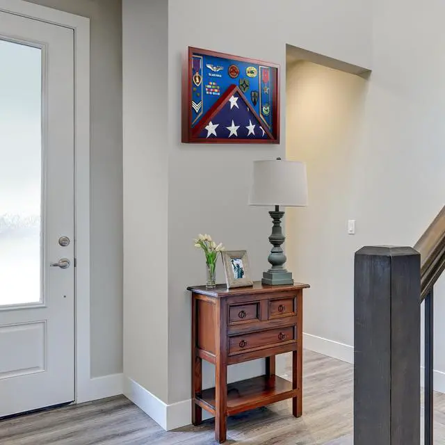 Alt view image 6 of 6 - Reminded Military Shadow Box Display Case for Medals & Burial Flag -Solid Wood Cabinet with  Air Force Blue Velvet Insert