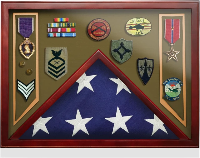 Alt view image 3 of 6 - Reminded Military Shadow Box Display Case for Medals & Burial Flag - Solid Wood Cabinet with Army Green Velvet Insert