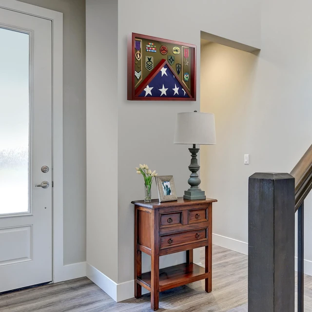 Alt view image 6 of 6 - Reminded Military Shadow Box Display Case for Medals & Burial Flag - Solid Wood Cabinet with Army Green Velvet Insert