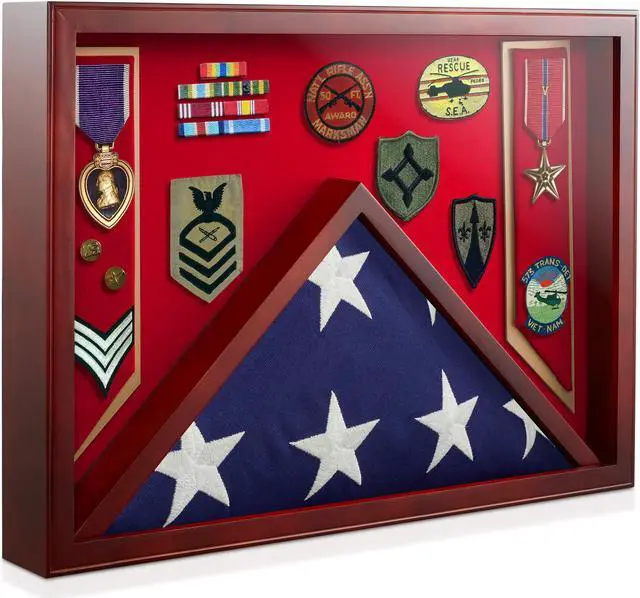 Main image of Reminded Military Shadow Box Display Case for Medals & Burial Flag - Solid Wood Cabinet with US Marine Red Velvet Insert
