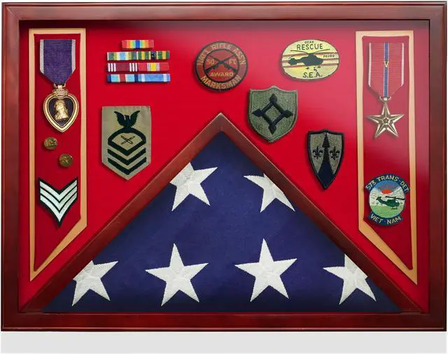 Alt view image 3 of 6 - Reminded Military Shadow Box Display Case for Medals & Burial Flag - Solid Wood Cabinet with US Marine Red Velvet Insert