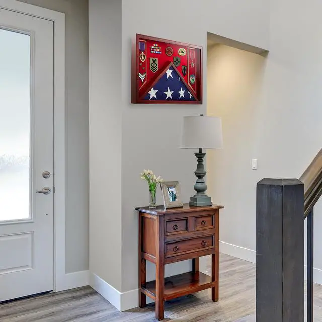 Alt view image 6 of 6 - Reminded Military Shadow Box Display Case for Medals & Burial Flag - Solid Wood Cabinet with US Marine Red Velvet Insert
