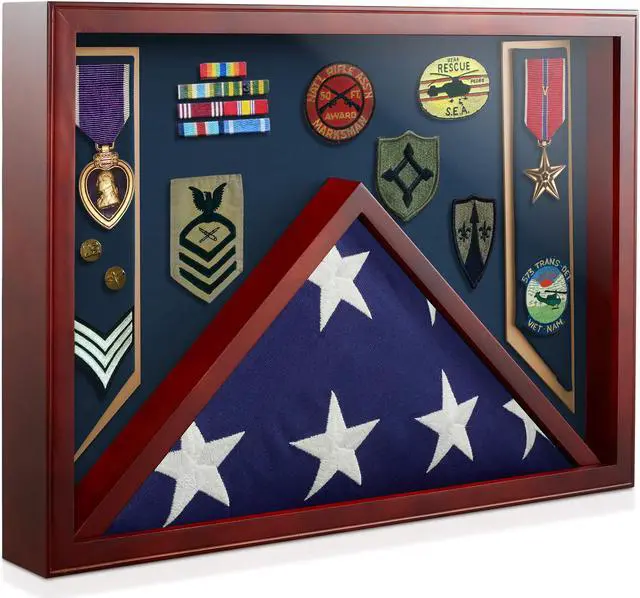 Main image of Reminded Military Shadow Box Display Case for Medals & Burial Flag -  Solid Wood Cabinet with Navy Blue Velvet Insert