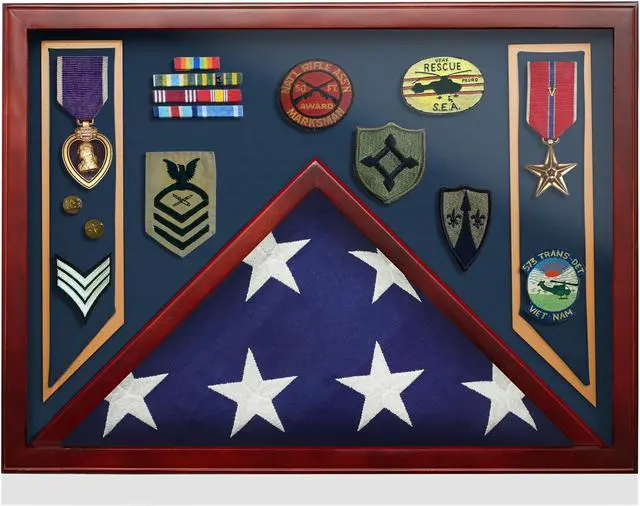 Alt view image 3 of 6 - Reminded Military Shadow Box Display Case for Medals & Burial Flag -  Solid Wood Cabinet with Navy Blue Velvet Insert