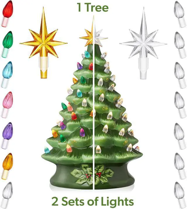 Alt view image 2 of 6 - Casafield Hand Painted Ceramic Christmas Tree, Green 15-Inch Pre-Lit Tree with 128 Multi Color Lights and 2 Star Toppers