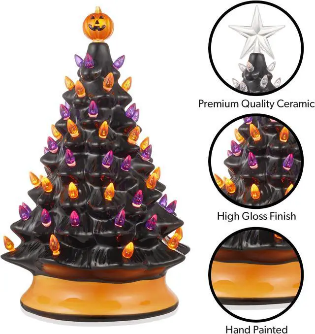 Alt view image 4 of 6 - Casafield Hand-Painted Ceramic Halloween Tree, 15-Inch Pre-Lit Decoration with 128 Multi-Color Lights, Jack-O-Lantern and Star Toppers