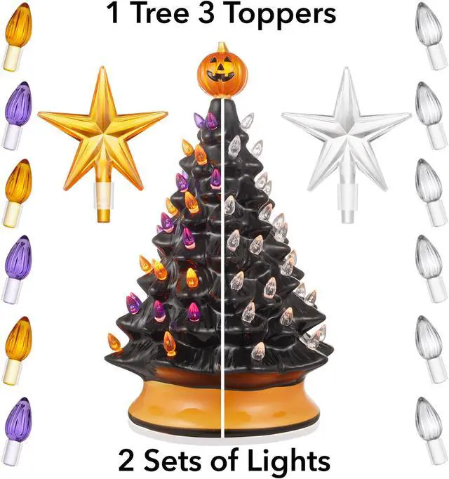 Alt view image 2 of 6 - Casafield Hand-Painted Ceramic Halloween Tree, 15-Inch Pre-Lit Decoration with 128 Multi-Color Lights, Jack-O-Lantern and Star Toppers
