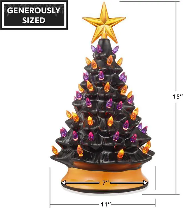 Alt view image 3 of 6 - Casafield Hand-Painted Ceramic Halloween Tree, 15-Inch Pre-Lit Decoration with 128 Multi-Color Lights, Jack-O-Lantern and Star Toppers