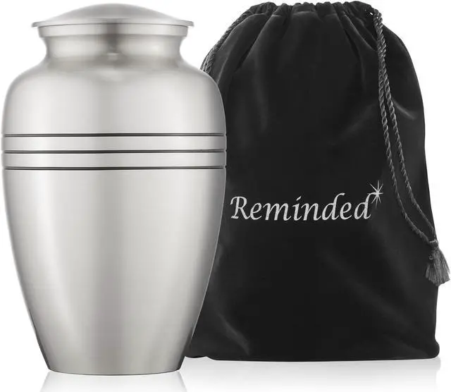 Main image of Reminded Adult Cremation Memorial Urn for Human Ashes, Pewter with Black Stripe Brass Funeral Urn with Velvet Bag
