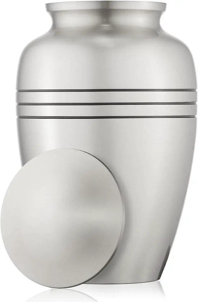 Alt view image 5 of 5 - Reminded Adult Cremation Memorial Urn for Human Ashes, Pewter with Black Stripe Brass Funeral Urn with Velvet Bag