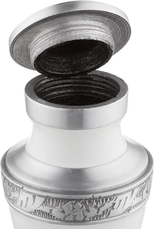 Alt view image 5 of 5 - Reminded Small Cremation Memorial Urn for Human Ashes, White and Silver Miniature Keepsake Urn with Velvet Case