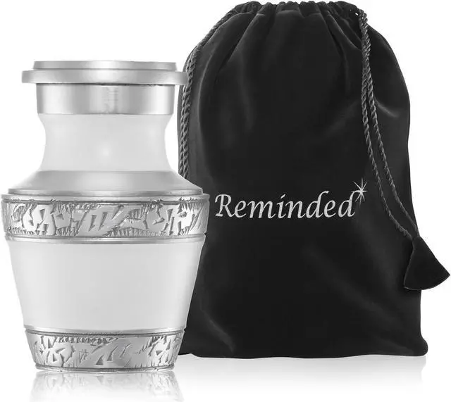 Alt view image 4 of 5 - Reminded Small Cremation Memorial Urn for Human Ashes, White and Silver Miniature Keepsake Urn with Velvet Case