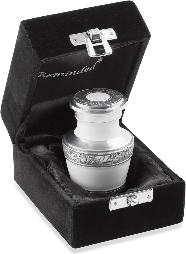 Main image of Reminded Small Cremation Memorial Urn for Human Ashes, White and Silver Miniature Keepsake Urn with Velvet Case