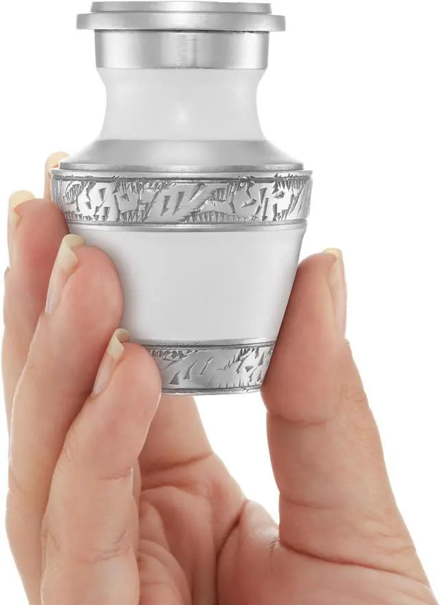 Alt view image 2 of 5 - Reminded Small Cremation Memorial Urn for Human Ashes, White and Silver Miniature Keepsake Urn with Velvet Case