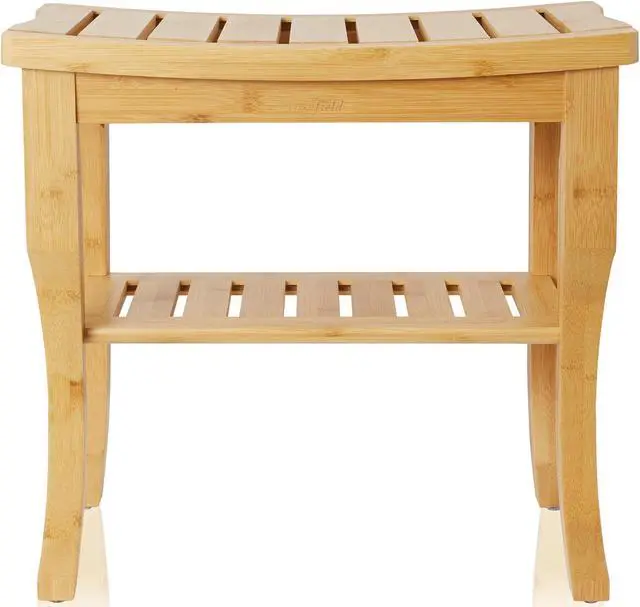 Alt view image 2 of 6 - Casafield Bamboo Shower Bench with Storage Shelf, Wooden 2-Tier Bathroom Spa Stool for Indoor or Outdoor Use