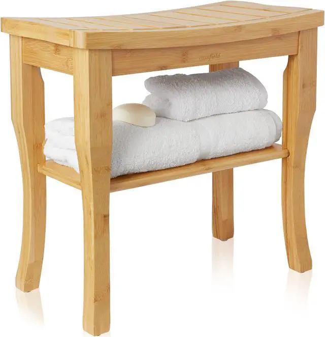 Alt view image 3 of 6 - Casafield Bamboo Shower Bench with Storage Shelf, Wooden 2-Tier Bathroom Spa Stool for Indoor or Outdoor Use