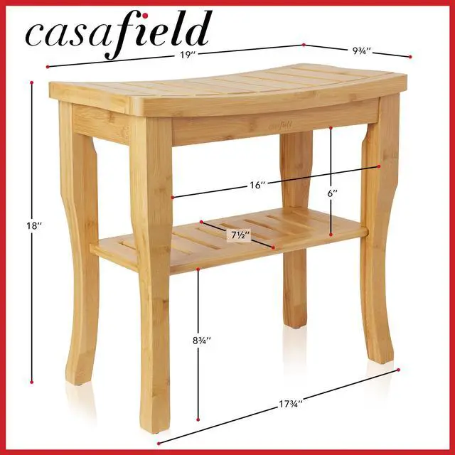 Alt view image 5 of 6 - Casafield Bamboo Shower Bench with Storage Shelf, Wooden 2-Tier Bathroom Spa Stool for Indoor or Outdoor Use